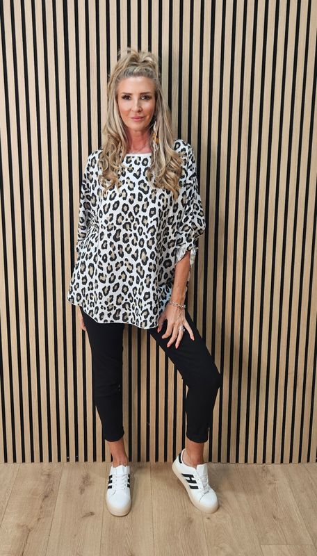 Leopard Print Roll Sleeve Top – white Leopard Print Roll Sleeve Top – white