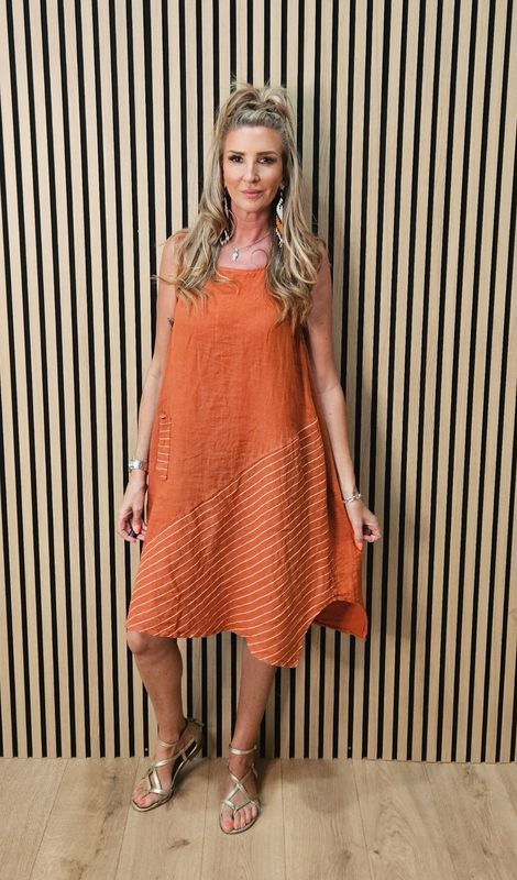 Pure Linen Stripe Panel Dress – Burnt Orange Pure Linen Stripe Panel Dress – Burnt Orange