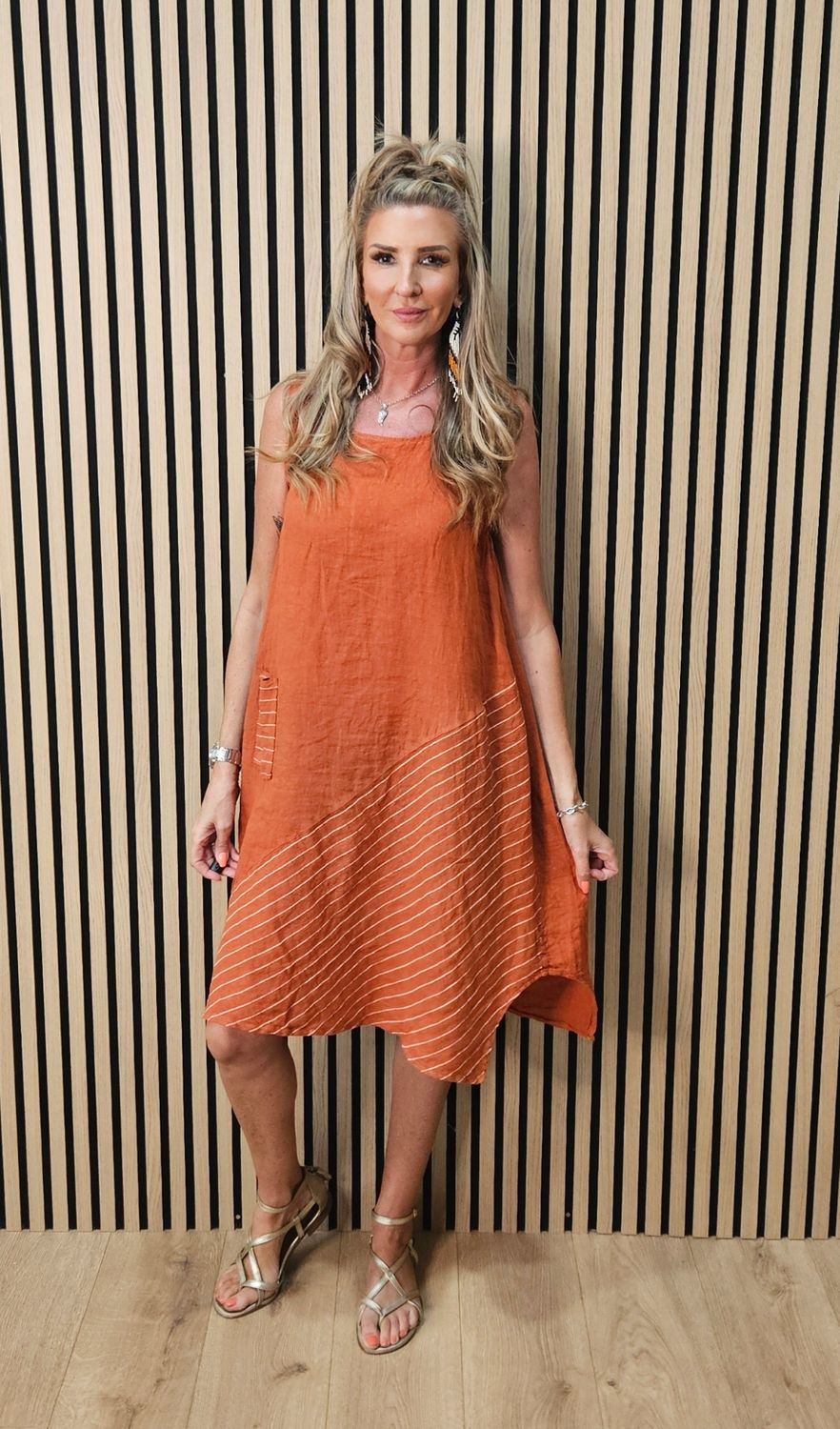 Pure Linen Stripe Panel Dress – Burnt Orange