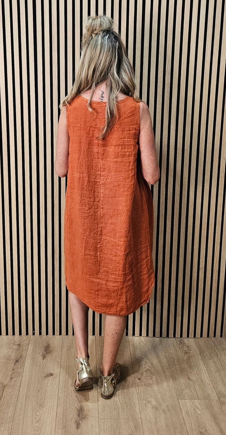 Pure Linen Stripe Panel Dress – Burnt Orange