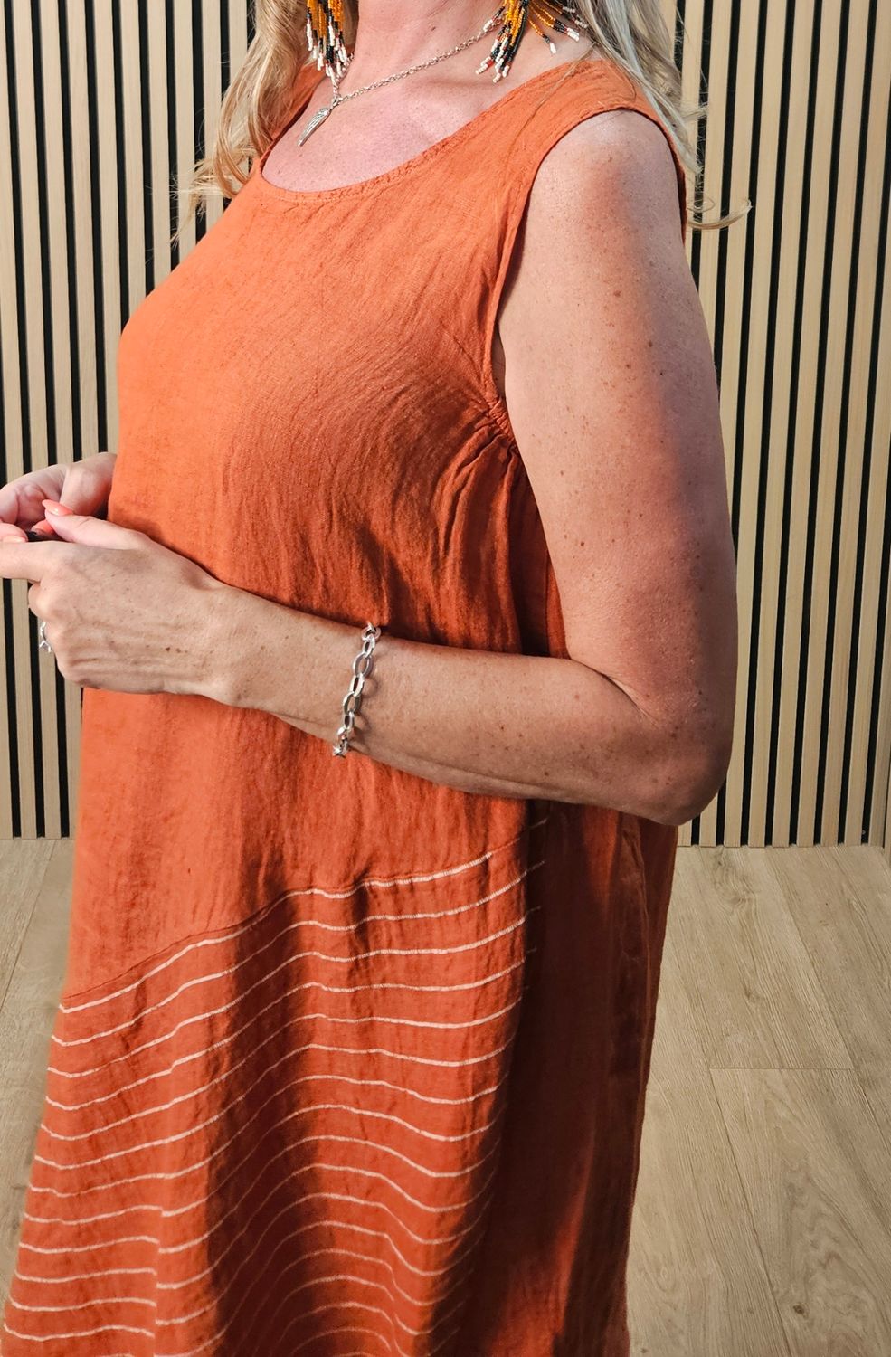 Pure Linen Stripe Panel Dress – Burnt Orange