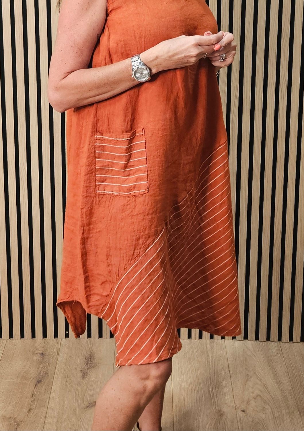 Pure Linen Stripe Panel Dress – Burnt Orange