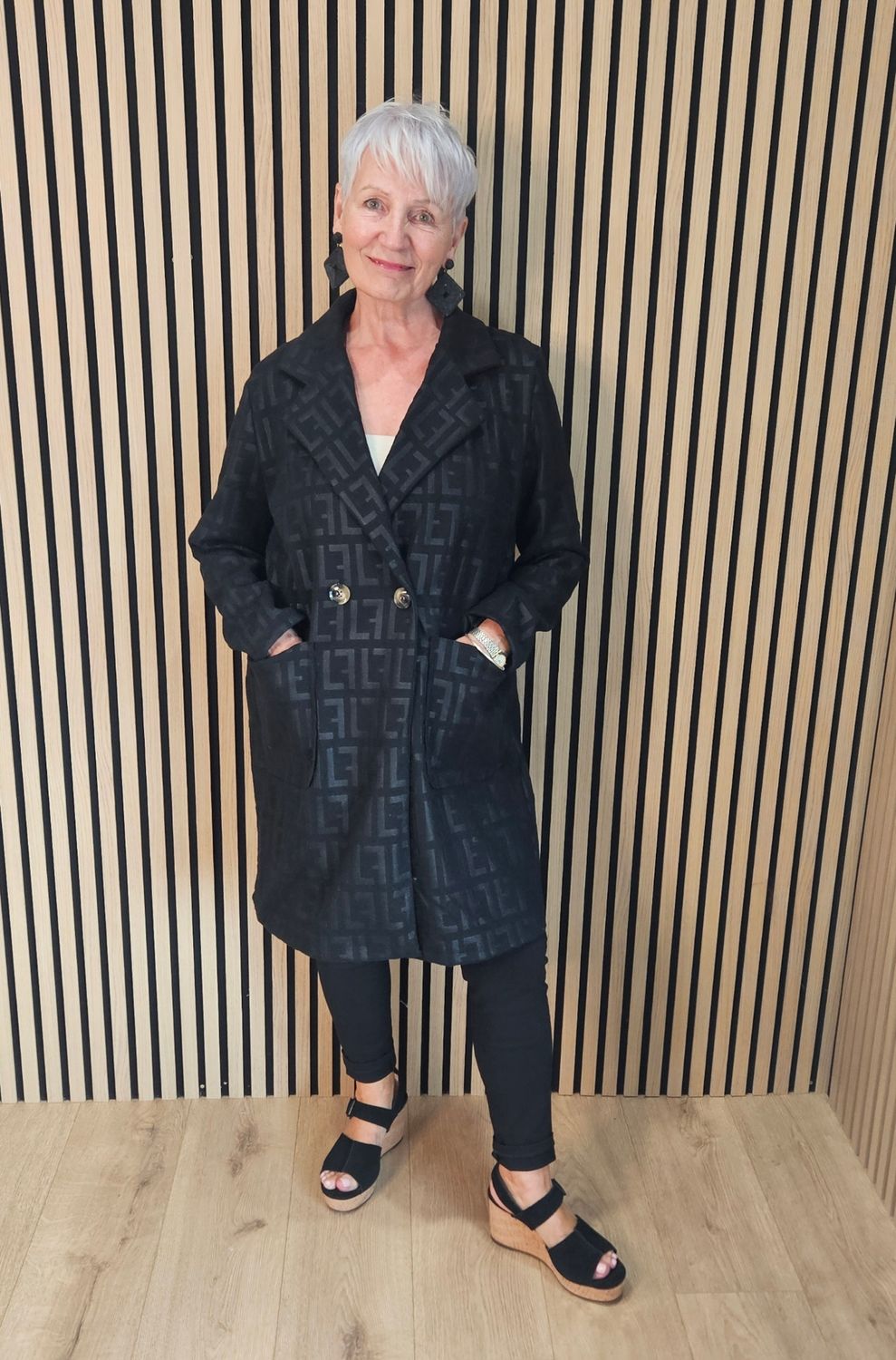 Embossed Double-Breasted Coat – Black