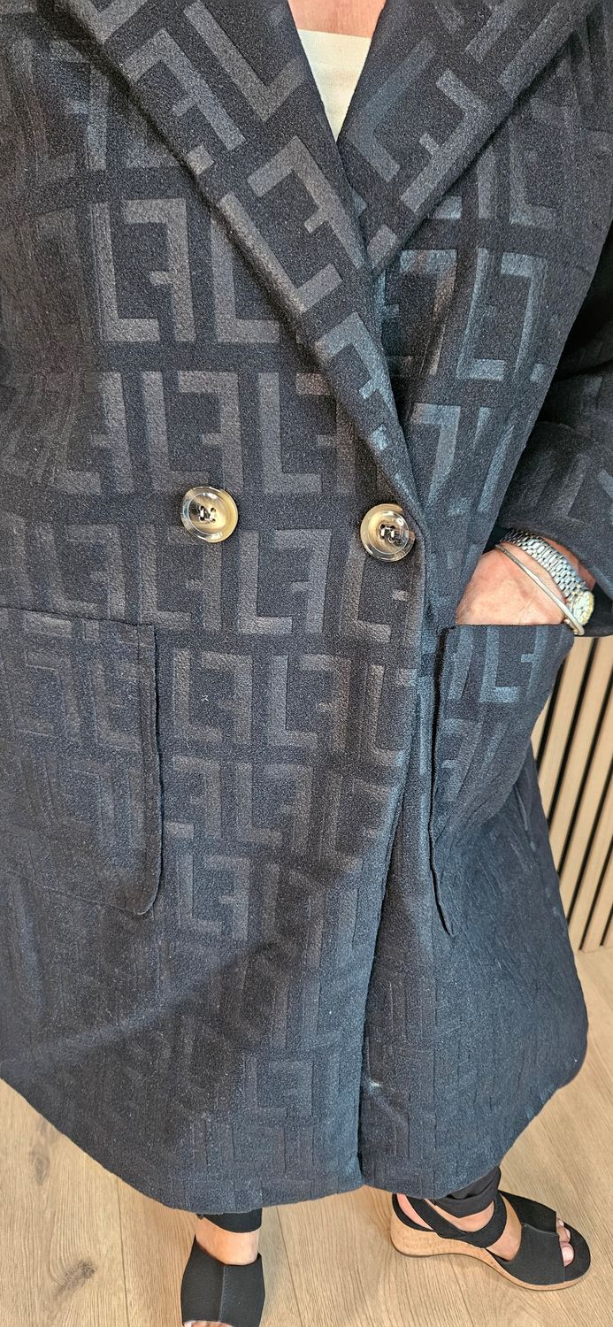 Embossed Double-Breasted Coat – Black