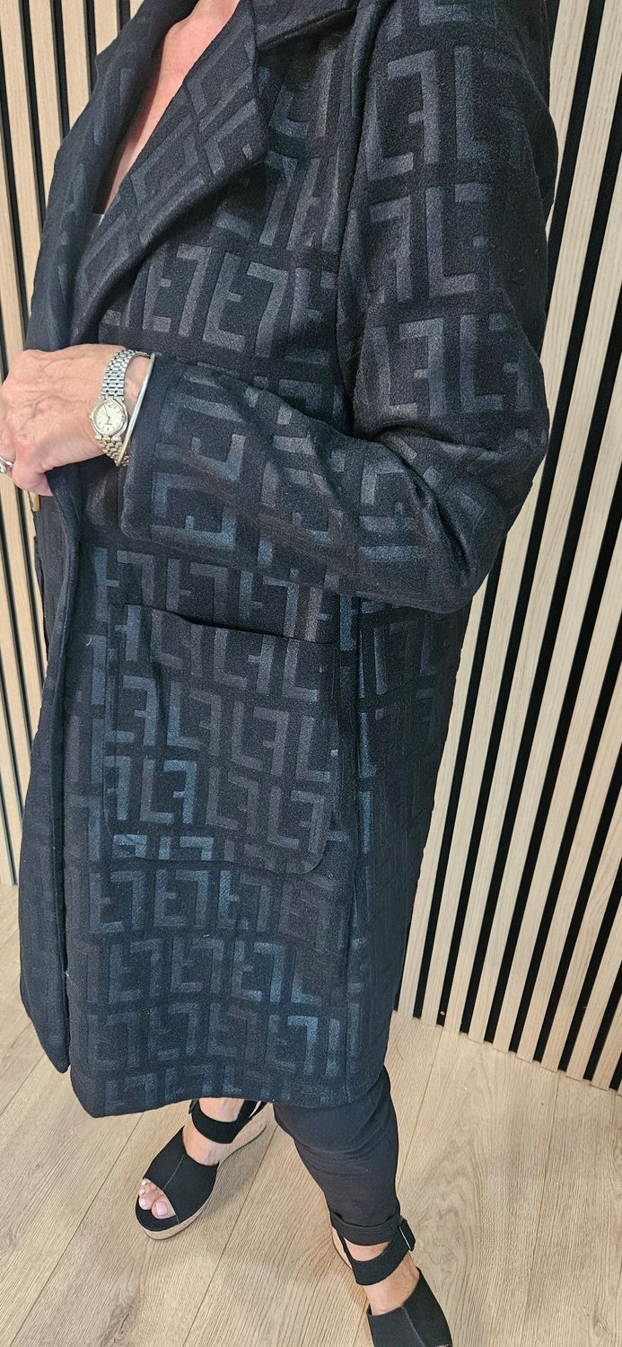 Embossed Double-Breasted Coat – Black