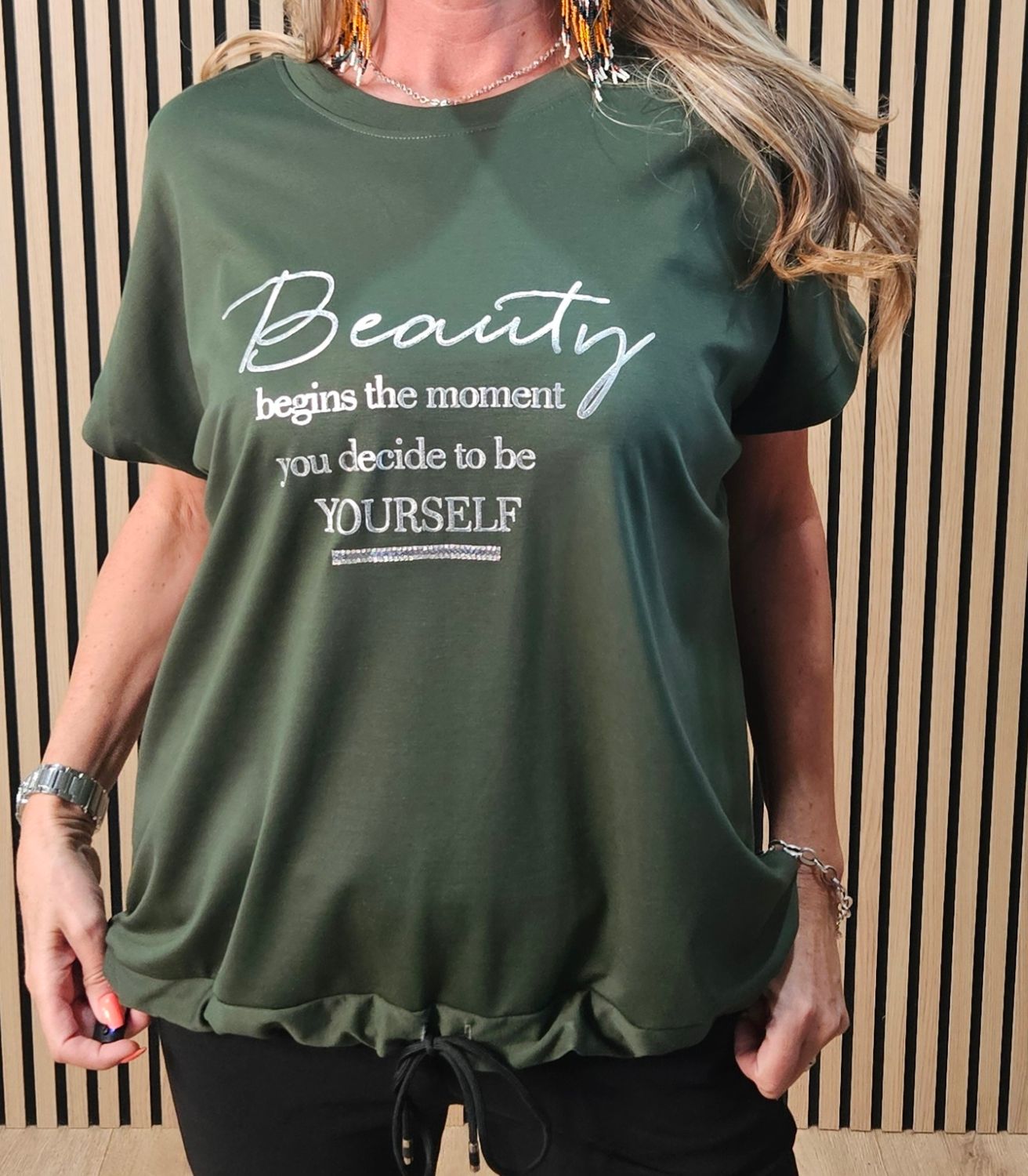Beauty Slogan Drawstring Top