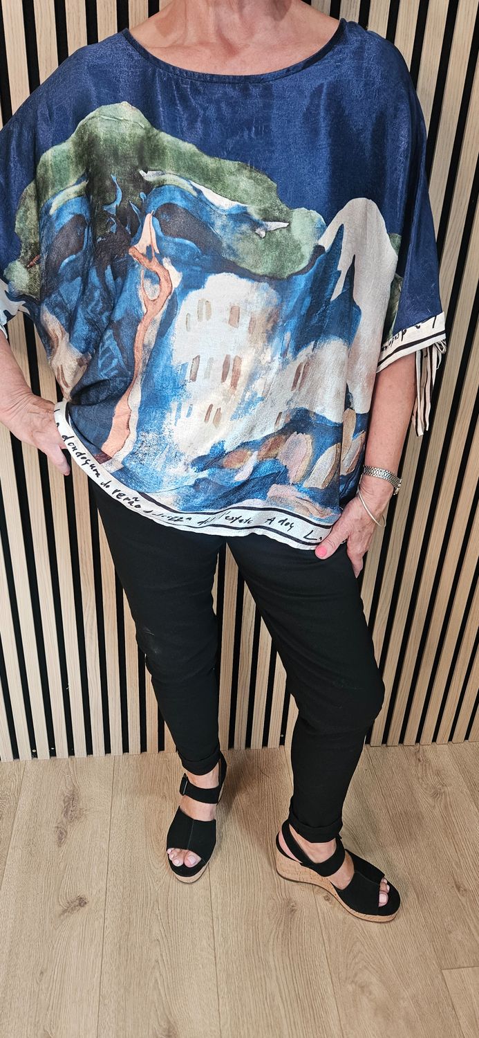 Côte d'Azur Print Tie Sleeve Top – Navy