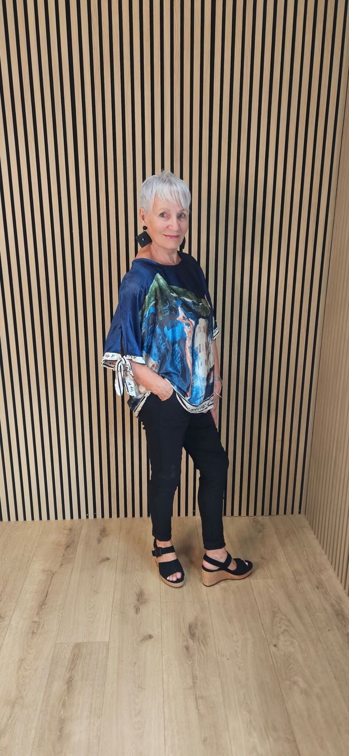 Côte d'Azur Print Tie Sleeve Top – Navy