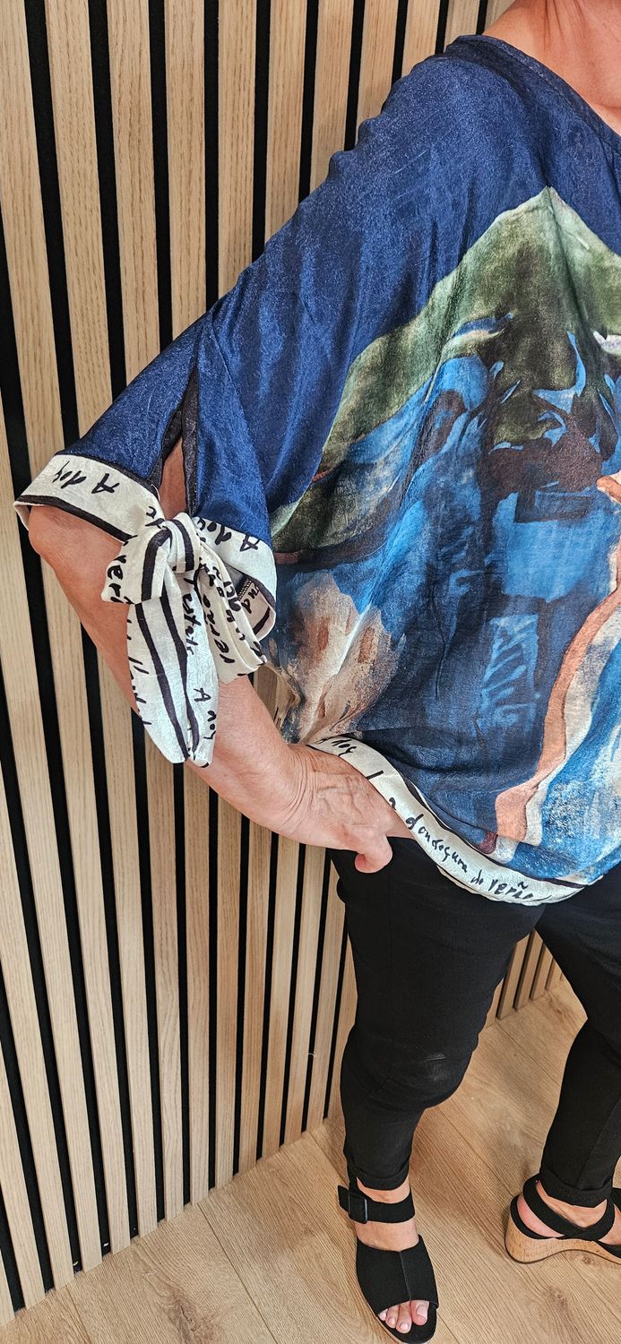 Côte d'Azur Print Tie Sleeve Top – Navy