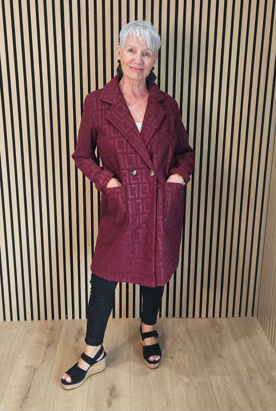 Embossed Double-Breasted Coat - Oxblood Embossed Double-Breasted Coat - Oxblood
