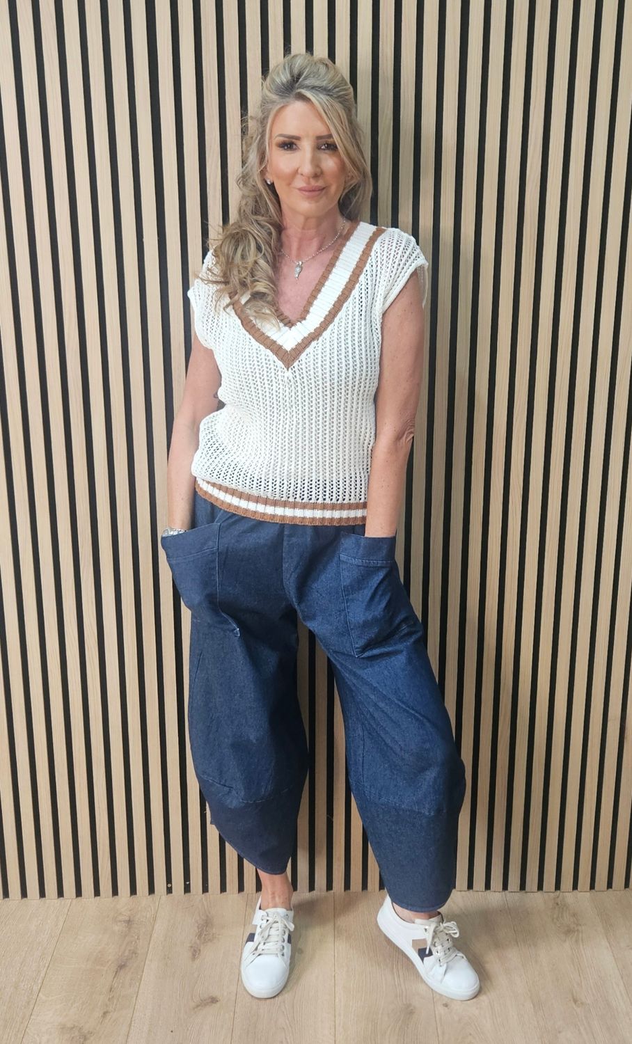 Contrast Trim Knit Tank Top - Cream/Caramel