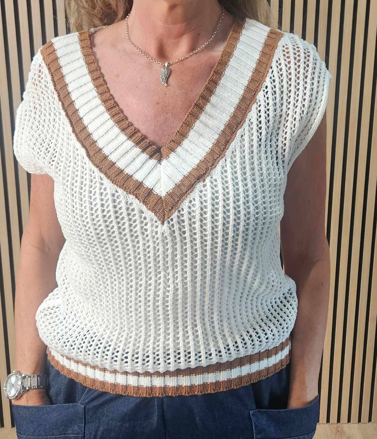 Contrast Trim Knit Tank Top - Cream/Caramel