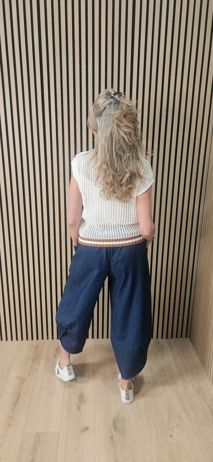 Contrast Trim Knit Tank Top - Cream/Caramel