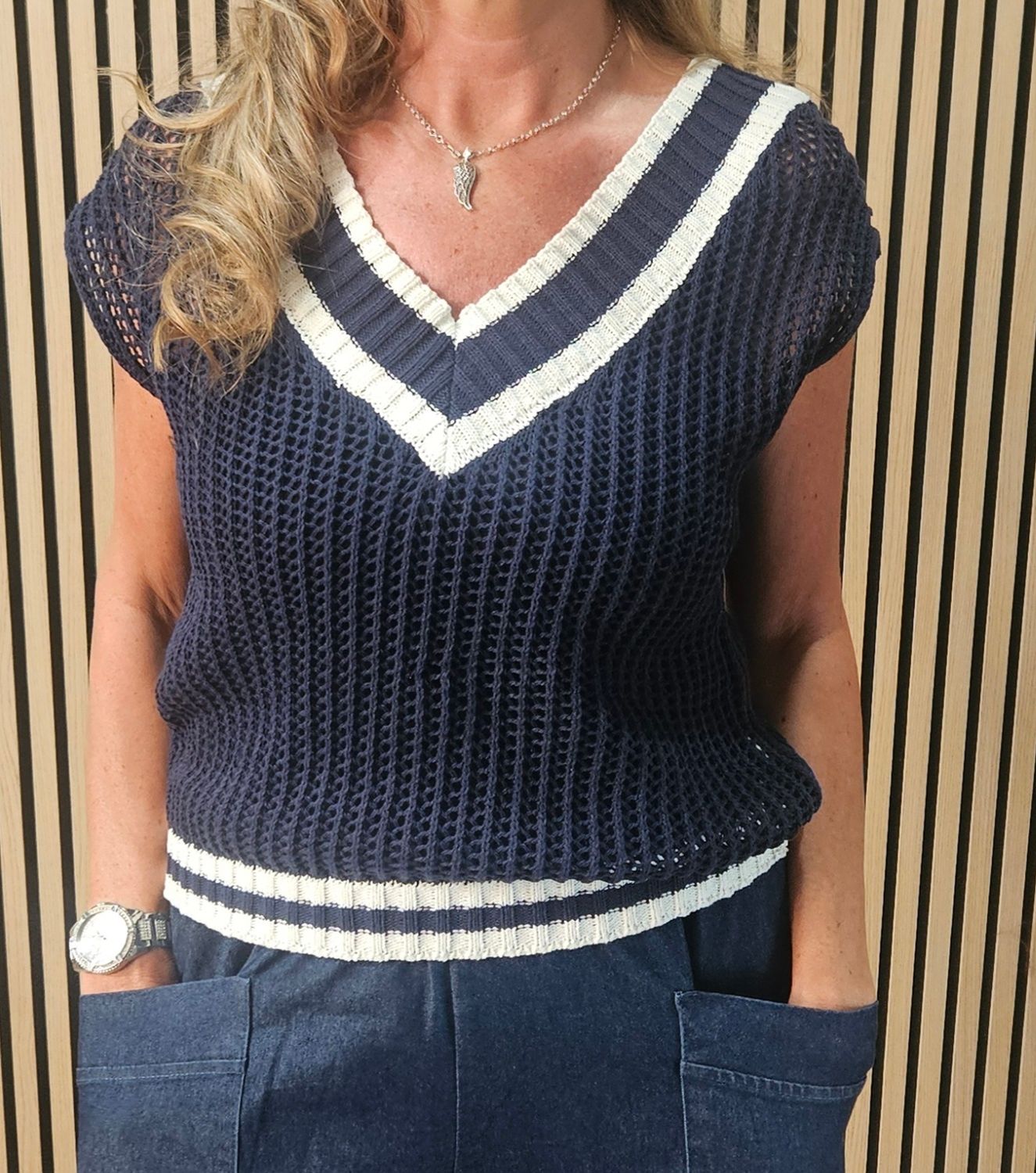 Contrast Trim Knit Tank Top - Navy