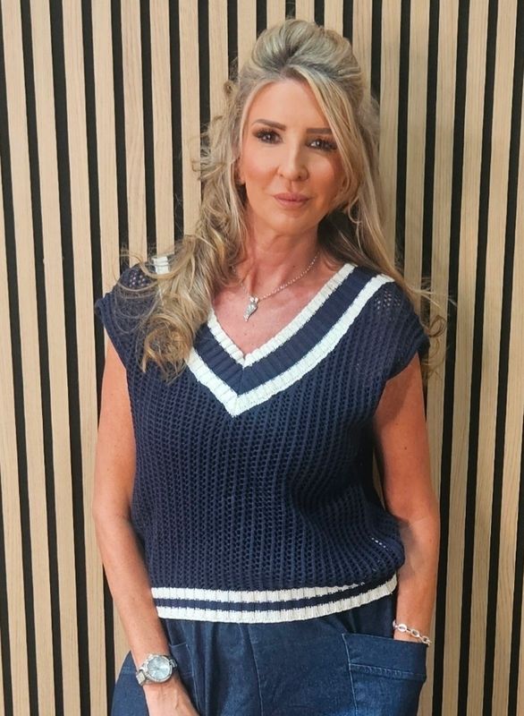 Contrast Trim Knit Tank Top - Navy