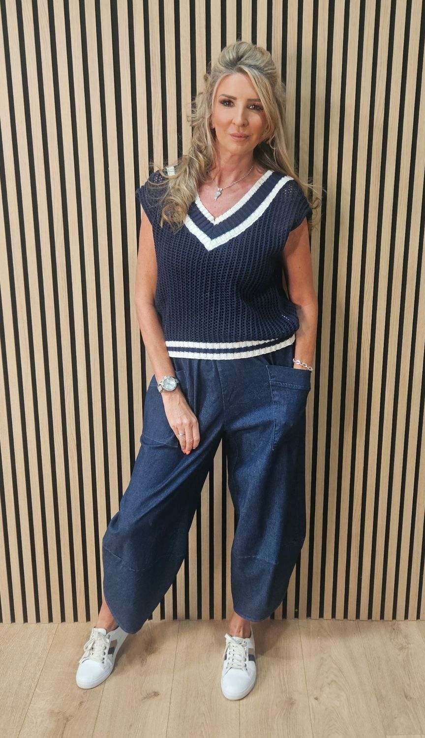 Contrast Trim Knit Tank Top - Navy