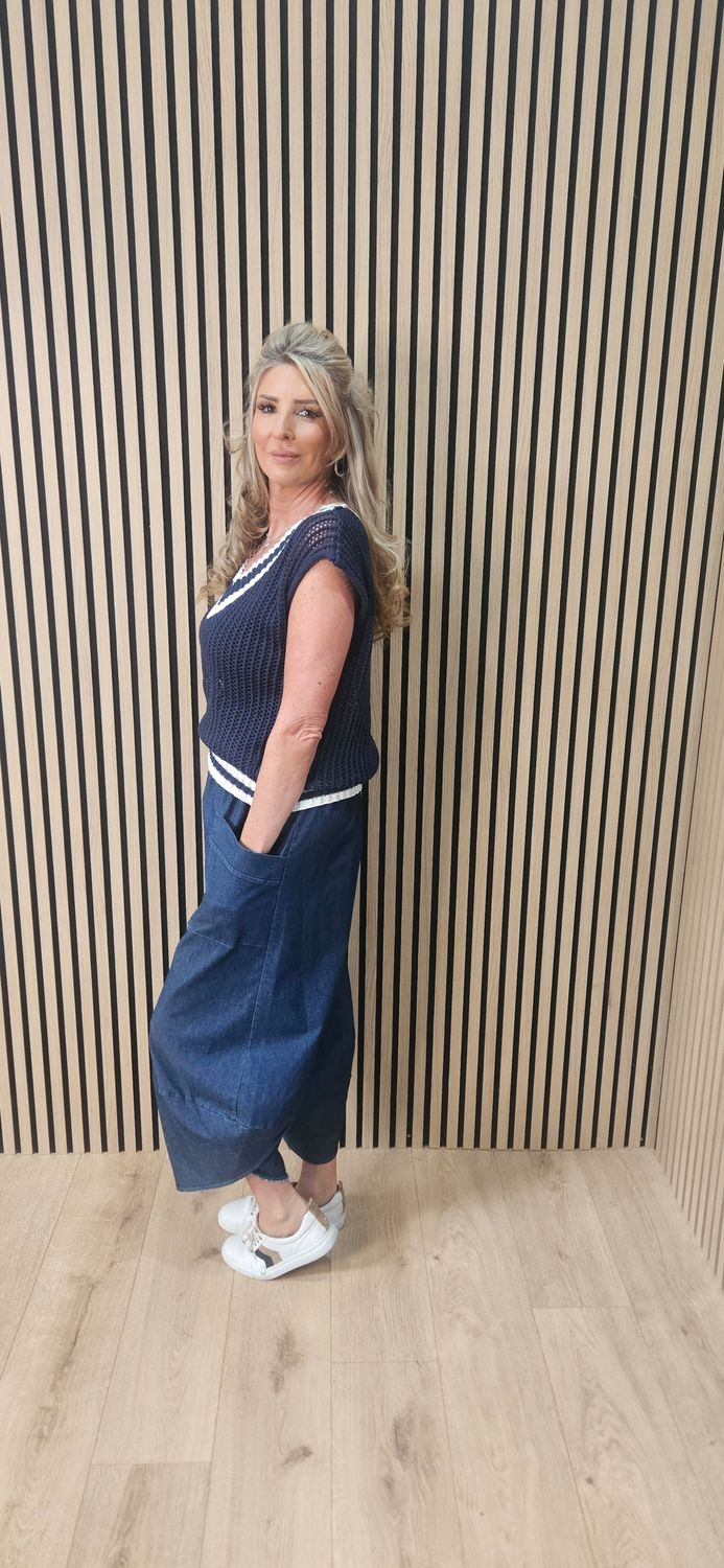 Contrast Trim Knit Tank Top - Navy