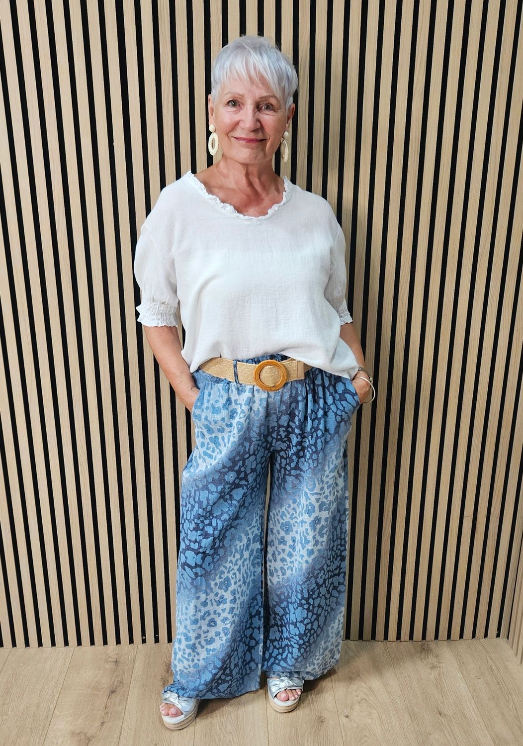 Animal Print Wide Leg Cotton Trousers  - Blue