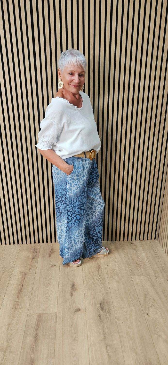Animal Print Wide Leg Cotton Trousers  - Blue