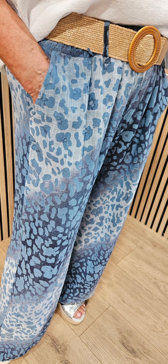 Animal Print Wide Leg Cotton Trousers  - Blue