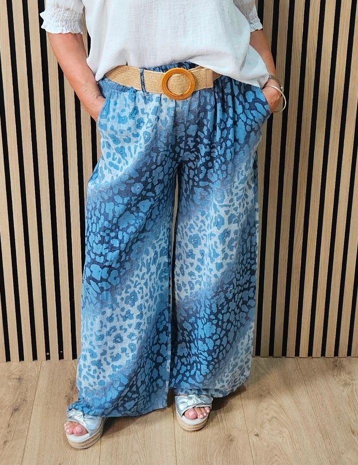 Animal Print Wide Leg Cotton Trousers  - Blue