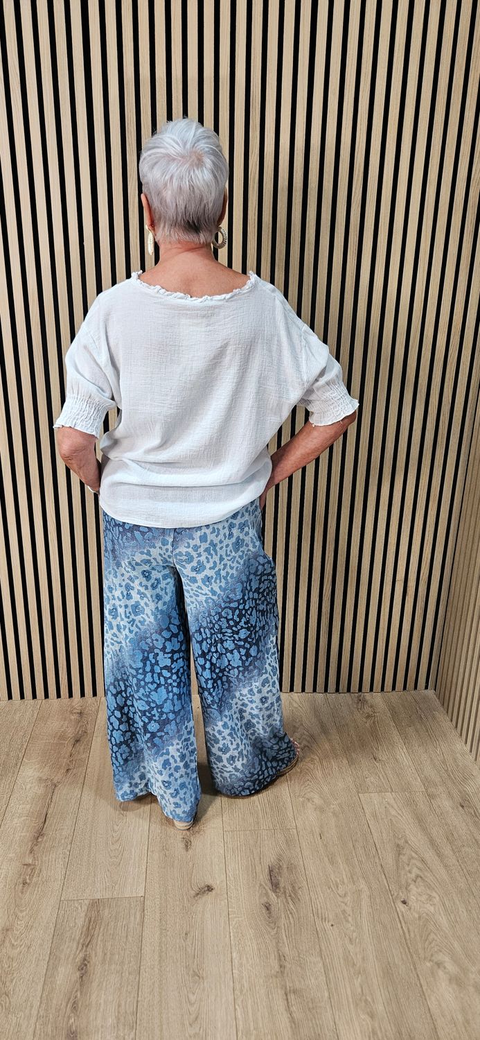 Animal Print Wide Leg Cotton Trousers  - Blue