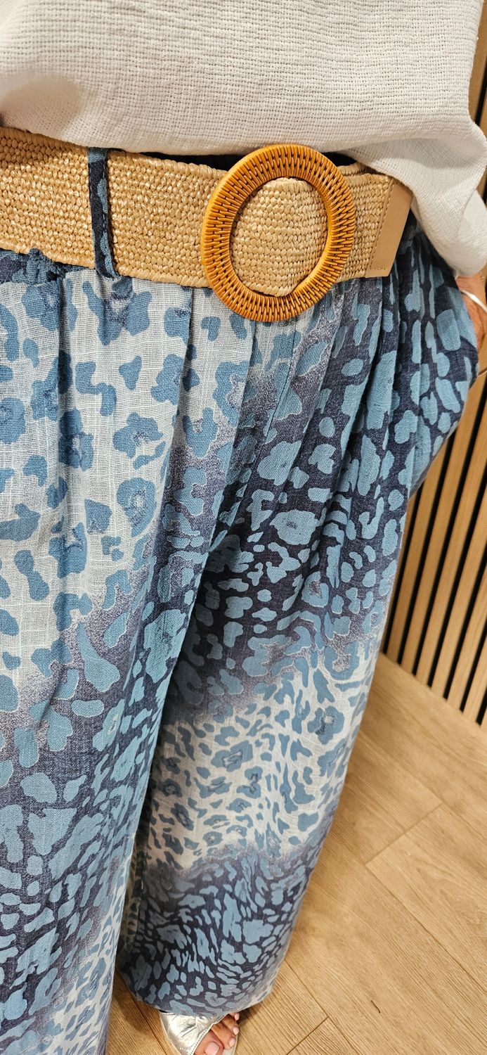 Animal Print Wide Leg Cotton Trousers  - Blue