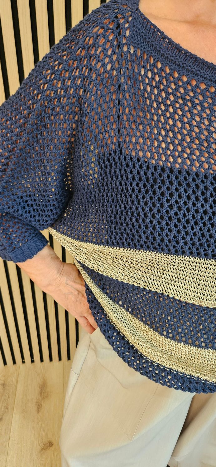 Open Knit Metallic Stripe Jumper  - Navy/Gold