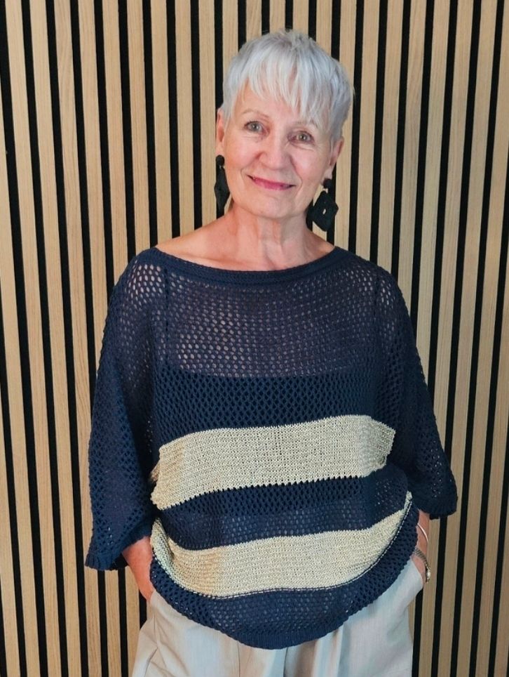 Open Knit Metallic Stripe Jumper  - Navy/Gold