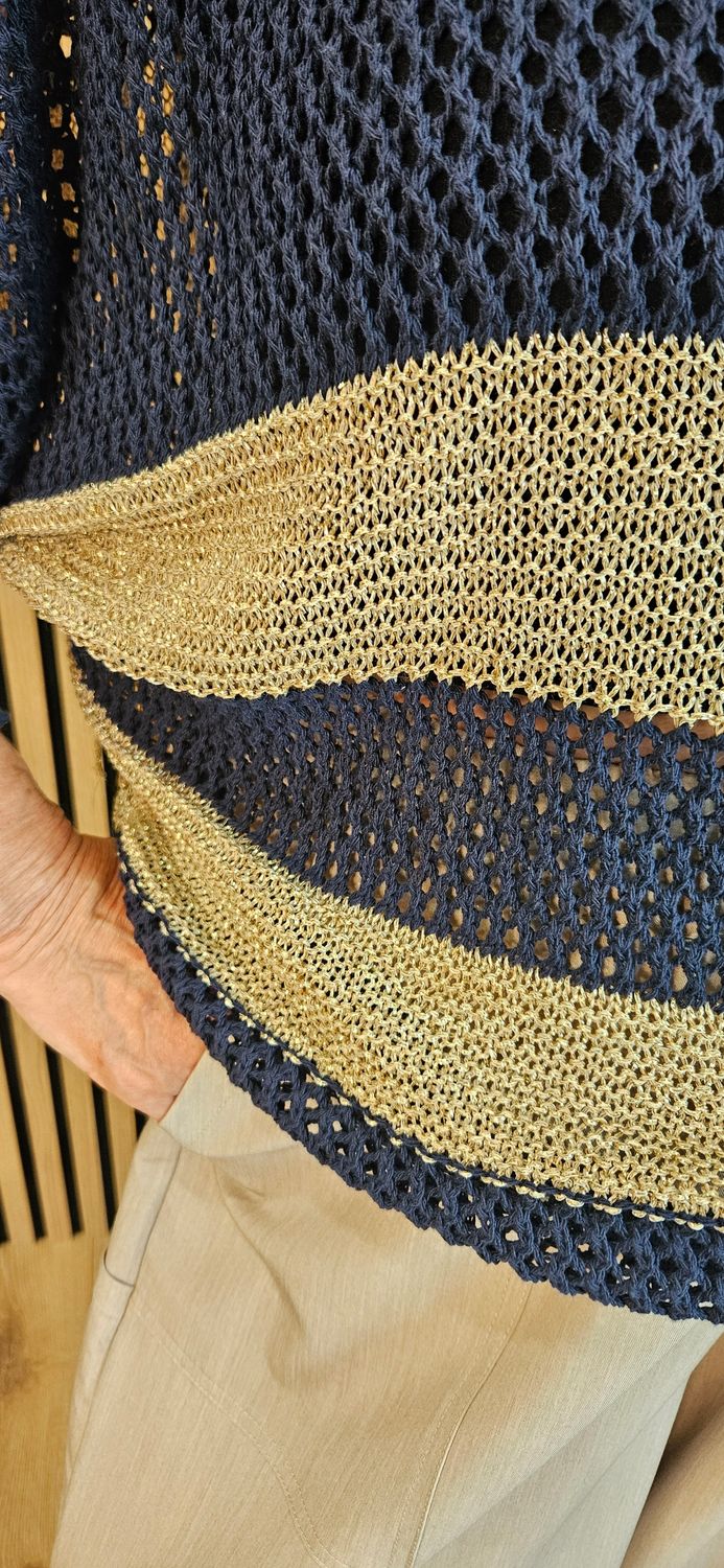 Open Knit Metallic Stripe Jumper  - Navy/Gold