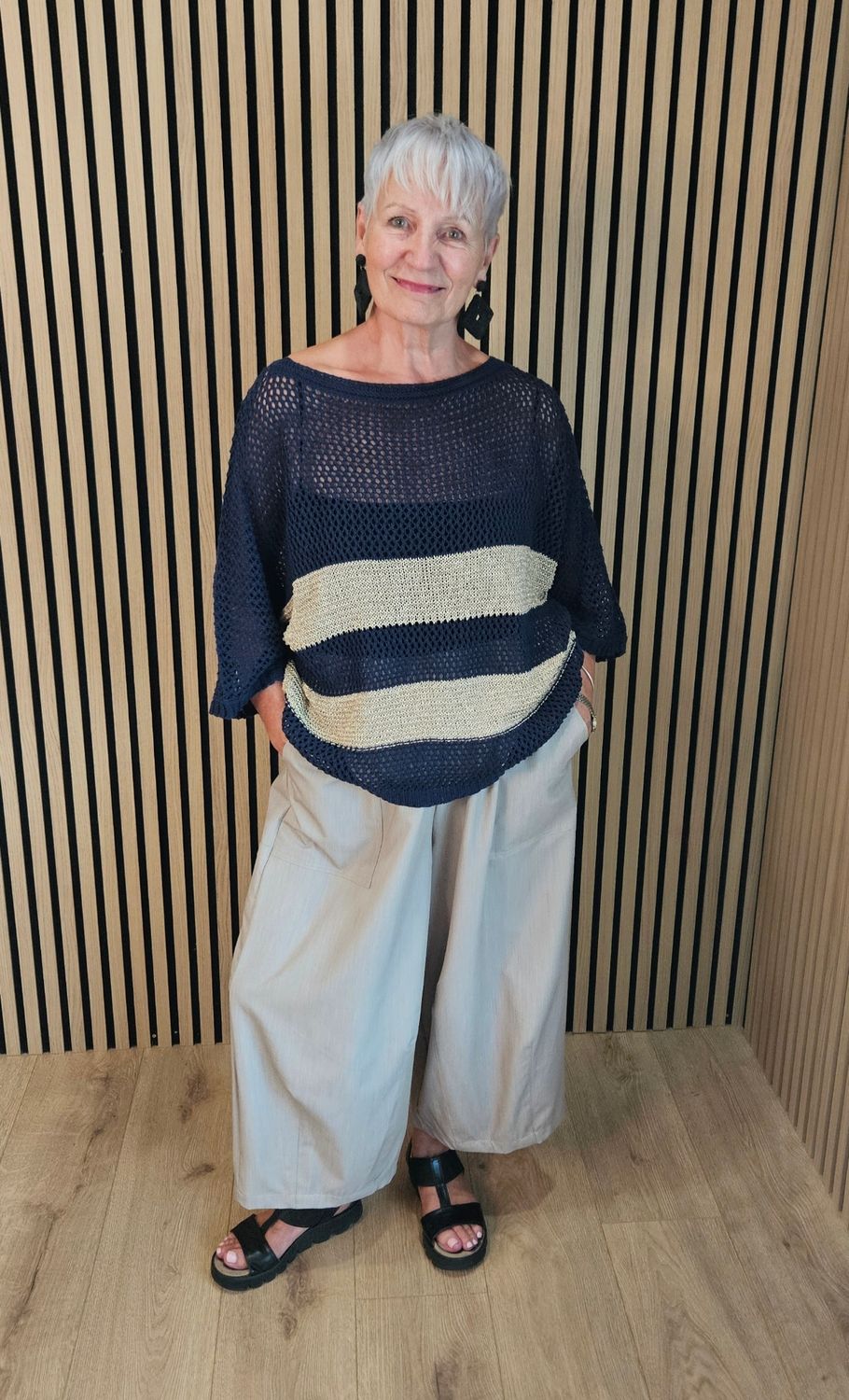 Open Knit Metallic Stripe Jumper  - Navy/Gold