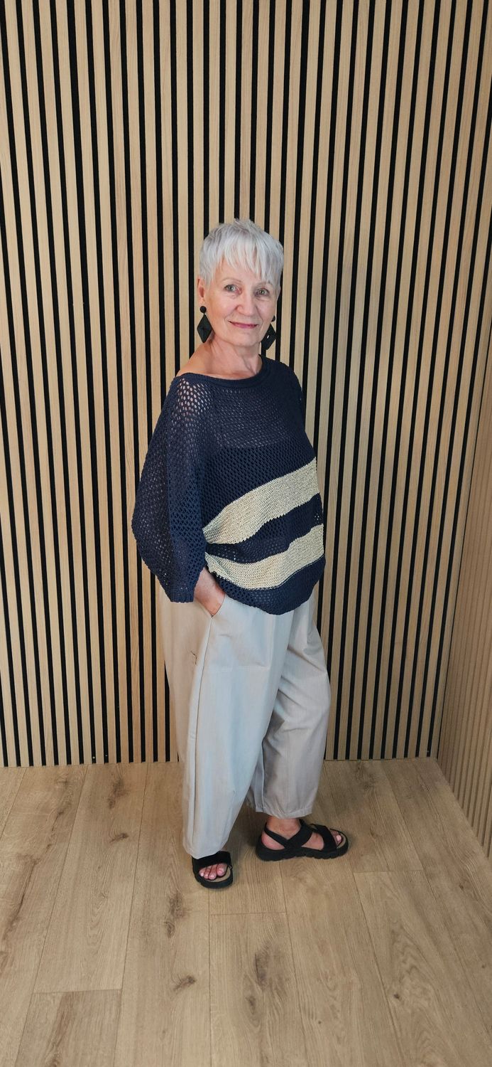 Open Knit Metallic Stripe Jumper  - Navy/Gold