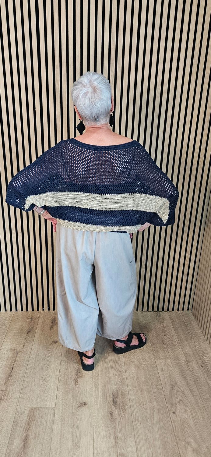Open Knit Metallic Stripe Jumper  - Navy/Gold