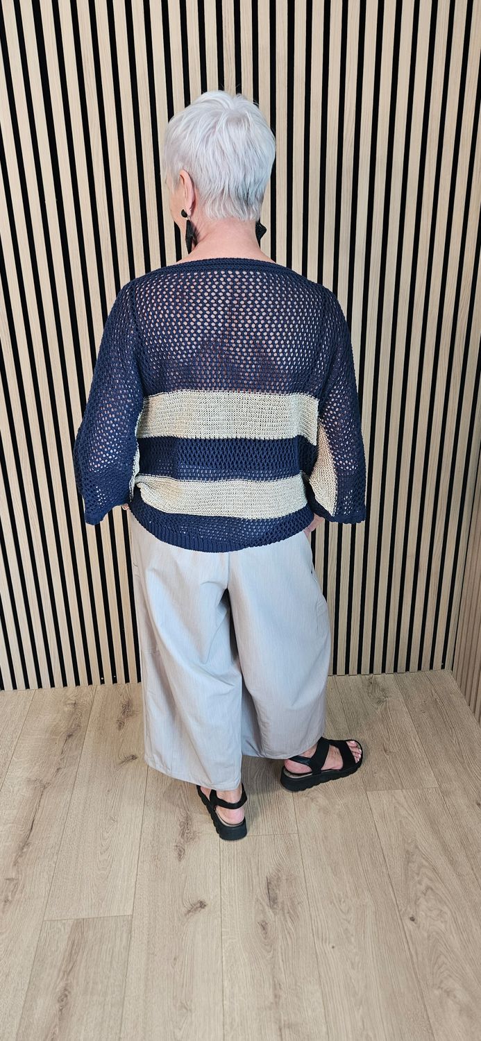 Open Knit Metallic Stripe Jumper  - Navy/Gold