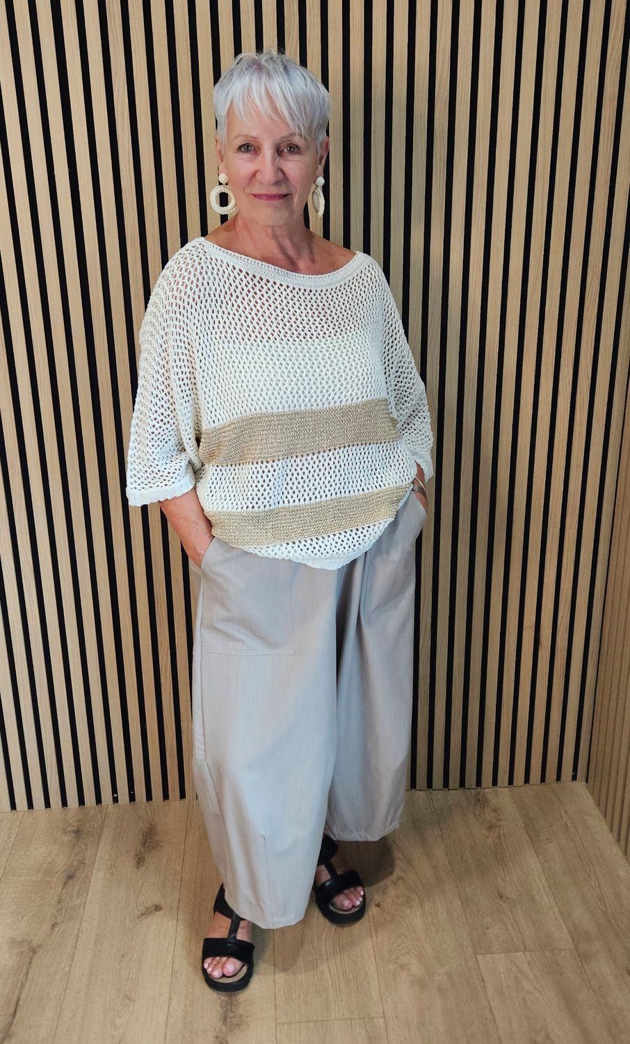 Open Knit Metallic Stripe Jumper  - Cream/Gold