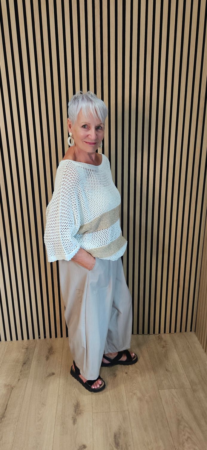 Open Knit Metallic Stripe Jumper  - Cream/Gold