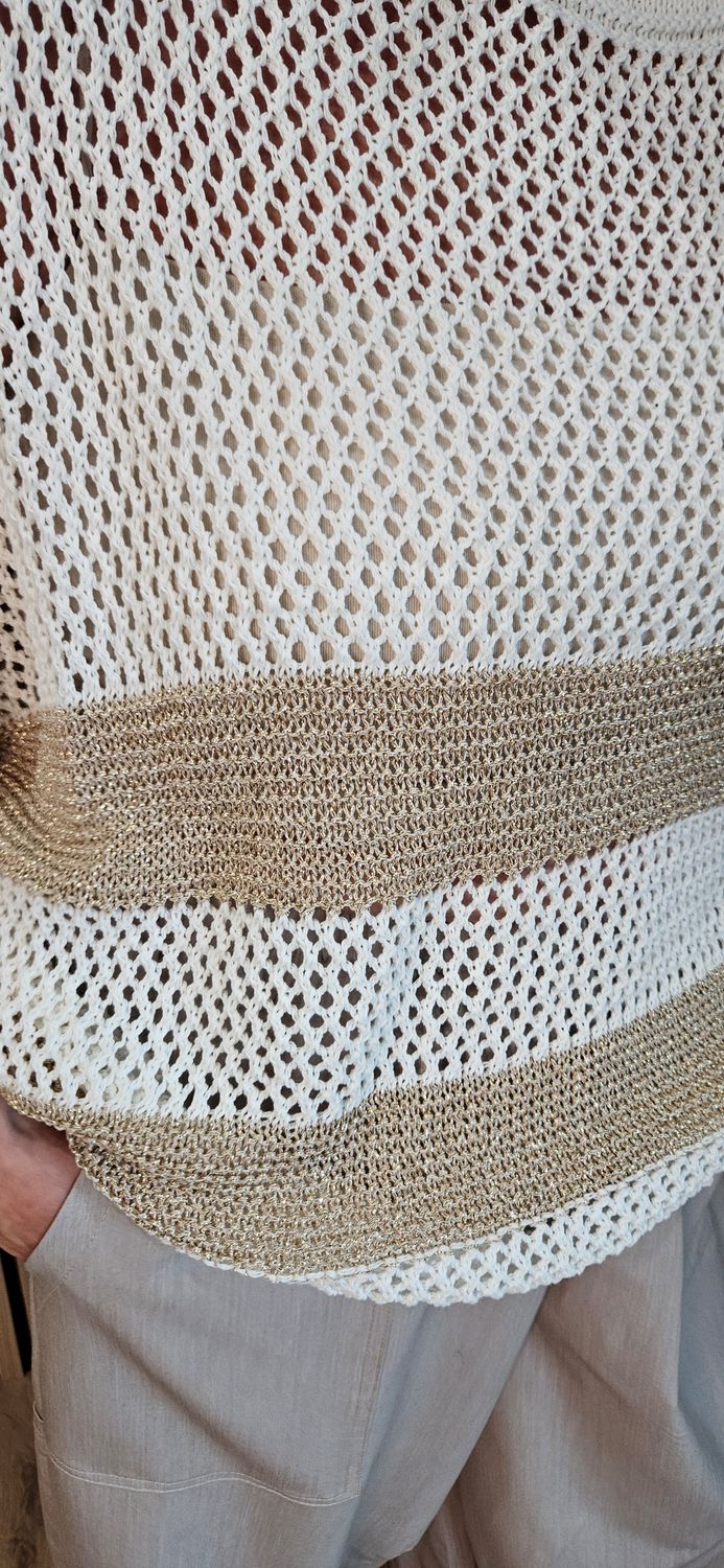 Open Knit Metallic Stripe Jumper  - Cream/Gold