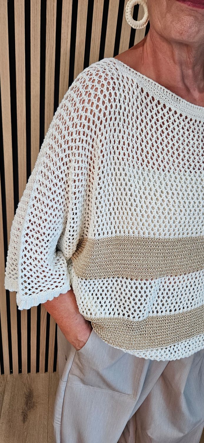 Open Knit Metallic Stripe Jumper  - Cream/Gold