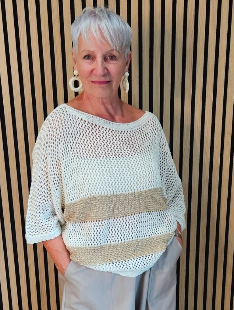 Open Knit Metallic Stripe Jumper  - Cream/Gold