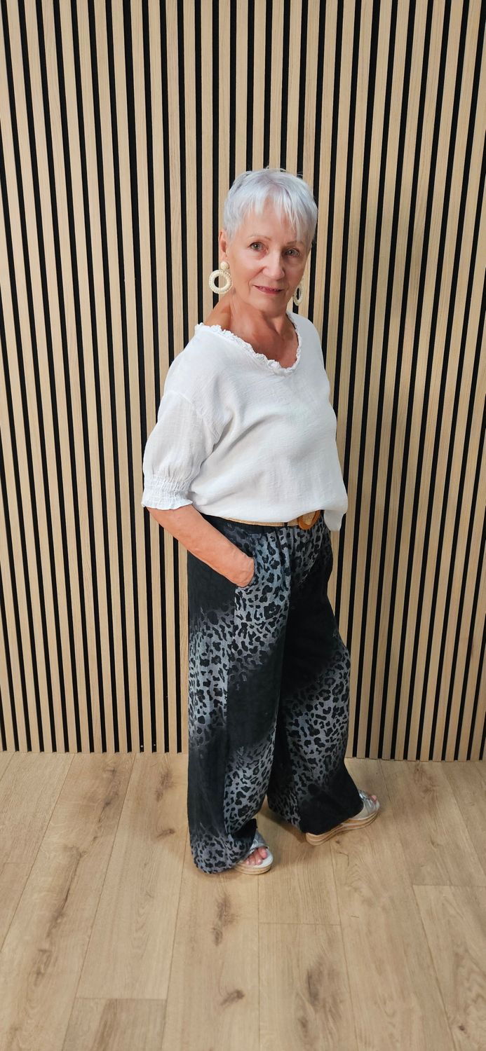 Animal Print Wide Leg Trousers- Black