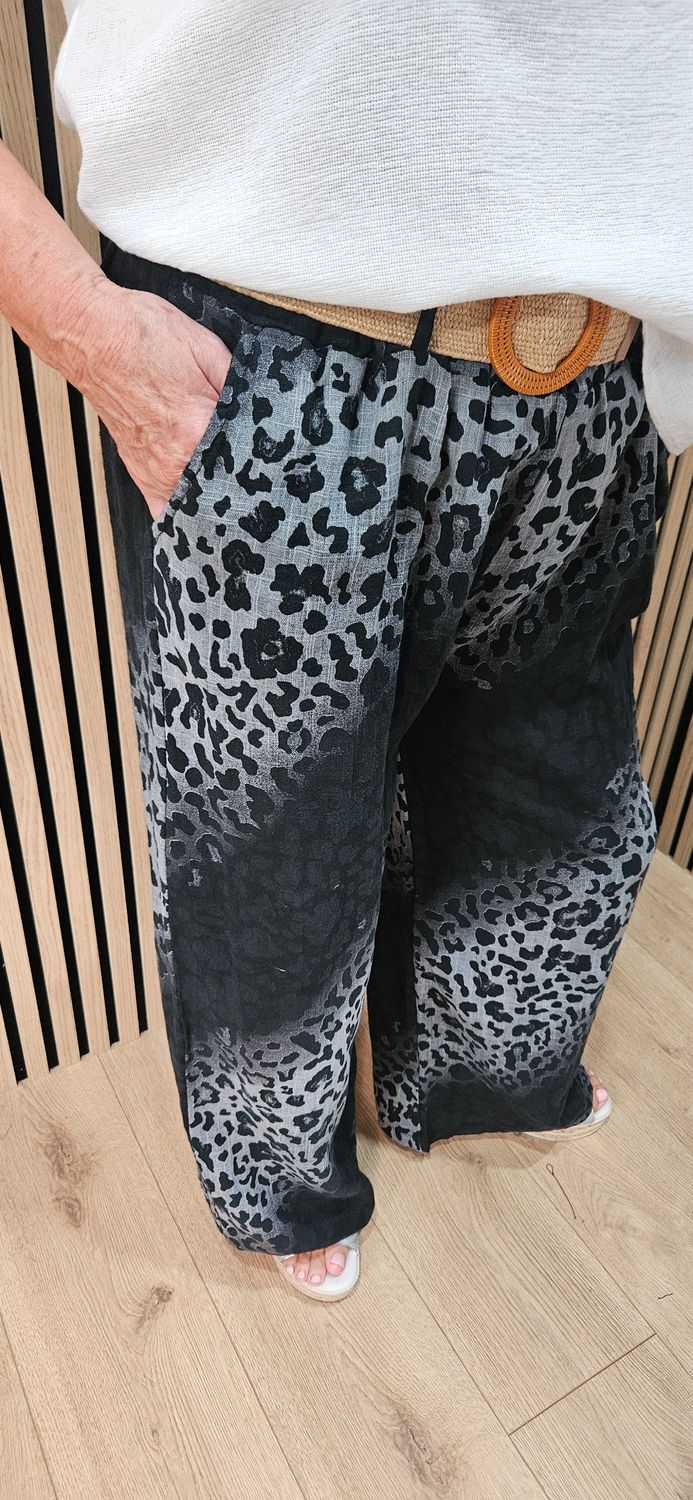 Animal Print Wide Leg Trousers- Black