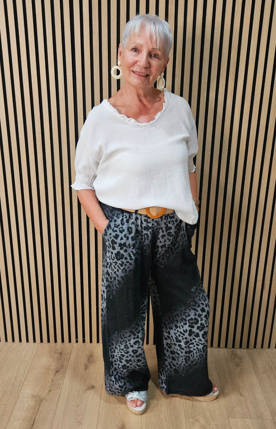 Animal Print Wide Leg Trousers- Black