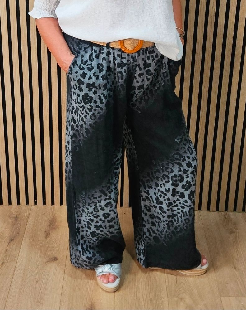 Animal Print Wide Leg Trousers- Black