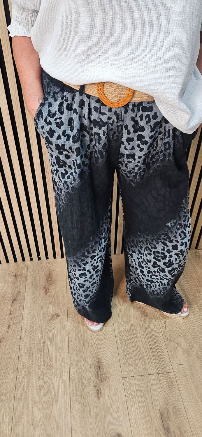 Animal Print Wide Leg Trousers- Black