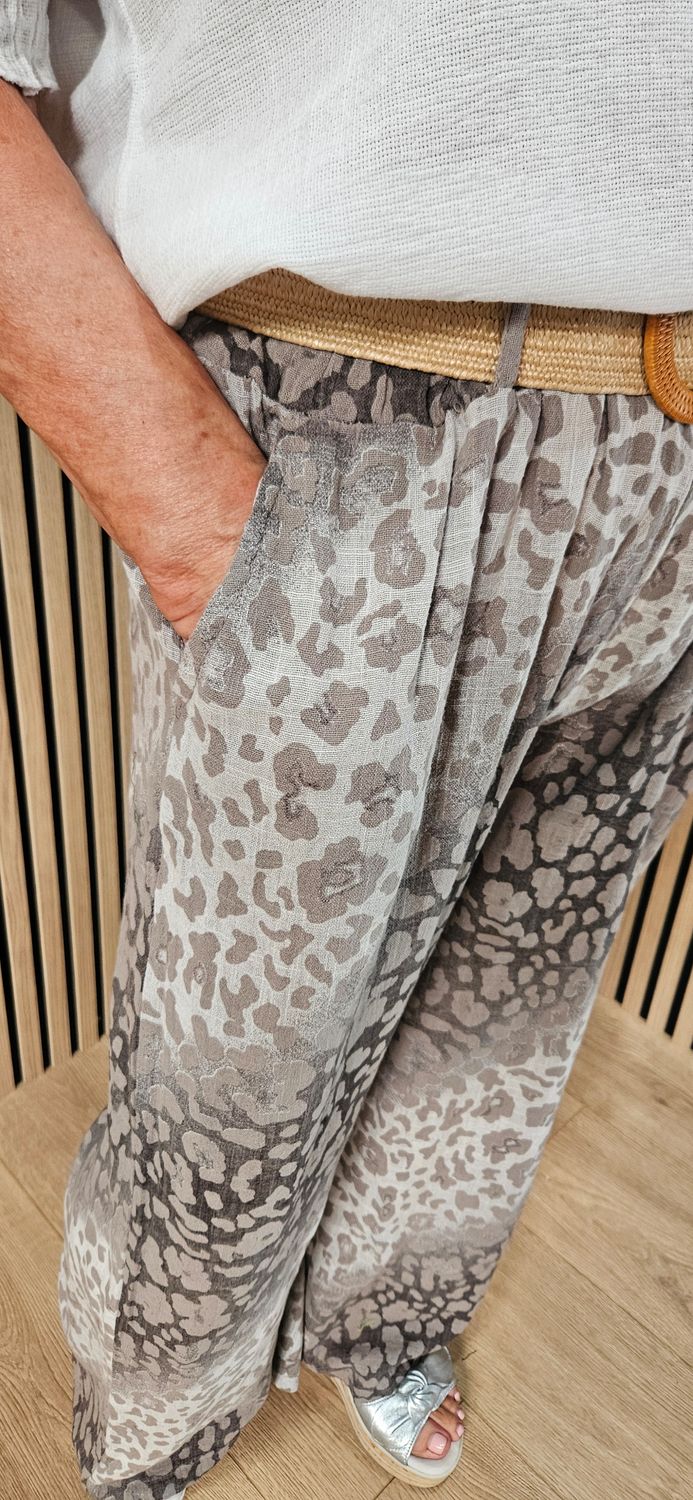 Animal Print Wide Leg Cotton Trousers  - Taupe