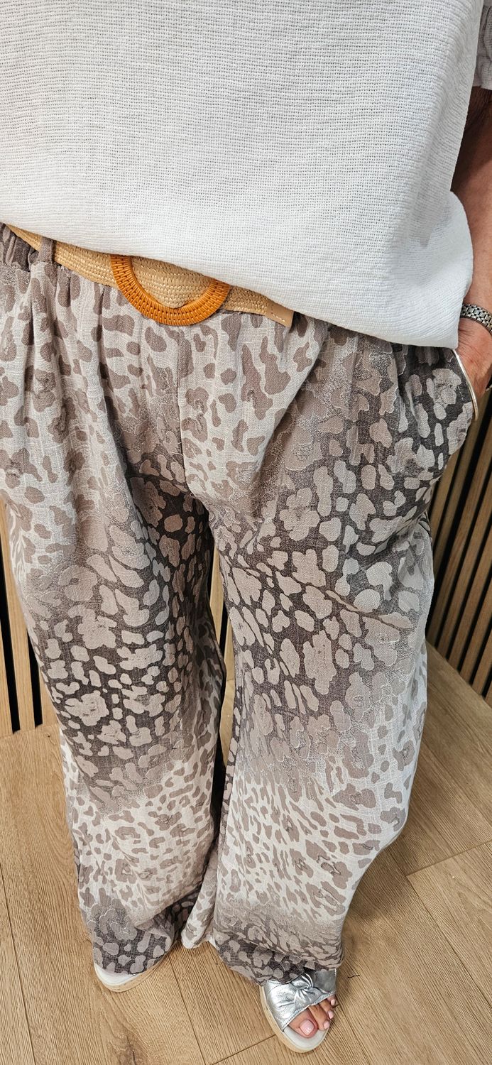 Animal Print Wide Leg Cotton Trousers  - Taupe
