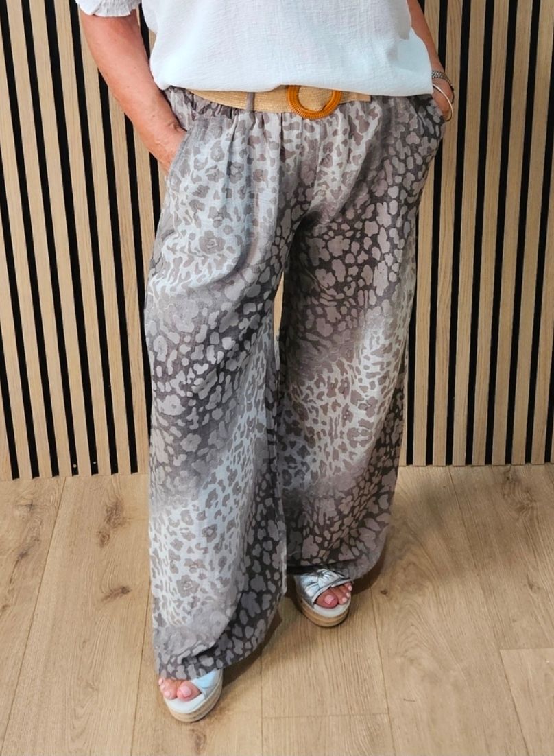 Animal Print Wide Leg Cotton Trousers  - Taupe