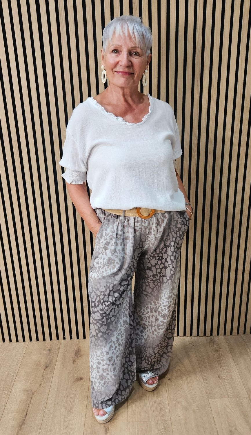 Animal Print Wide Leg Cotton Trousers  - Taupe