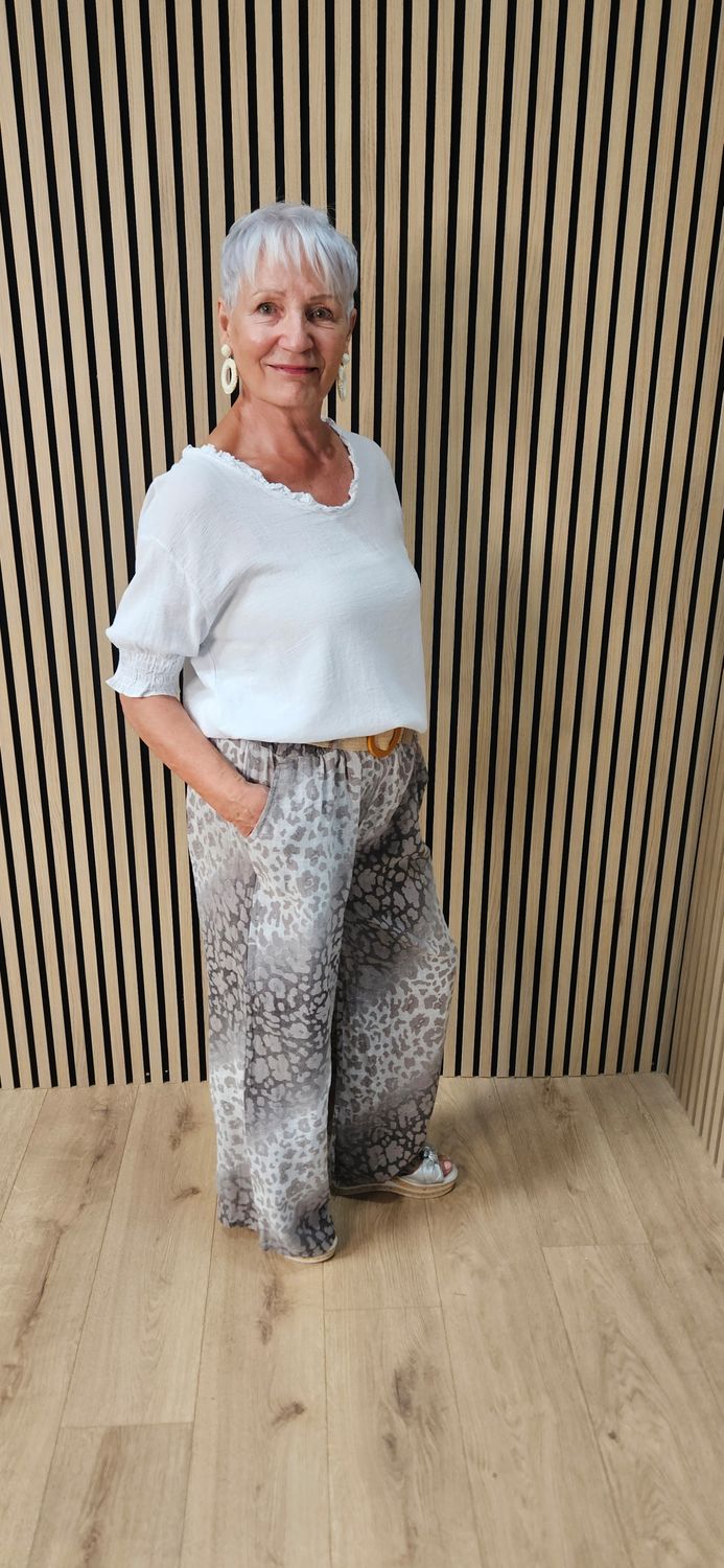 Animal Print Wide Leg Cotton Trousers  - Taupe