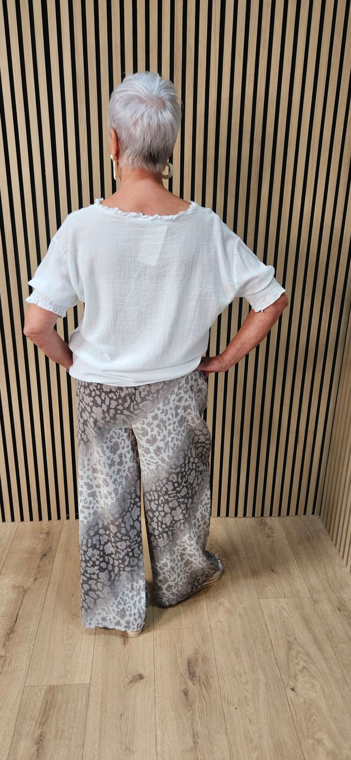 Animal Print Wide Leg Cotton Trousers  - Taupe